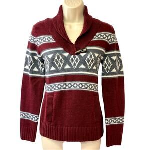 Love Change Maroon White Fair Isle Shawl Collar Sweater Nordic Print Ski Vibe